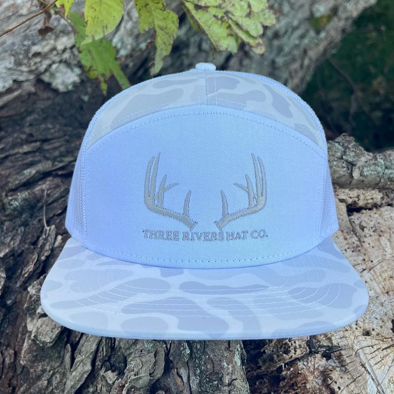 Classic Whitetail Rack-Old’s Cool Sneaux - Flatbill 7 panel Snapback - White with Silver Embroidery