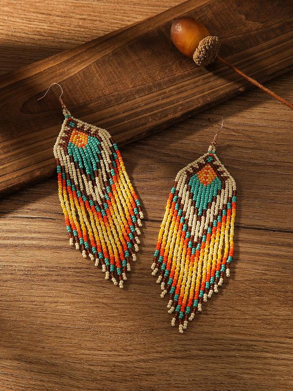 Women's Boho Style Beaded & Tassel Design Dangle Earrings, 1 Pair Fashion Retro Dangle Earrings for Party, Daily Decor, Trendy All-match Vintage Jewelry As Birthday Gift for Women & Girls