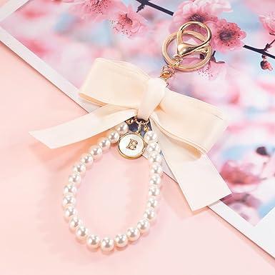 Initial Letter Cute Coquette Bow Keychain for Women, Wristlet Simulated Pearl Keychains Bag Charms for Handbags