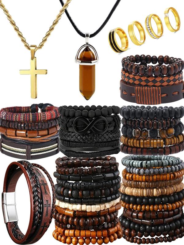 Men's Fashion Jewelry Set, Casual Beaded & Braided Bracelet & Cross Necklace & Ring, Daily Clothing Decor, Trendy All-match & Exquisite Jewelry Set for Gift