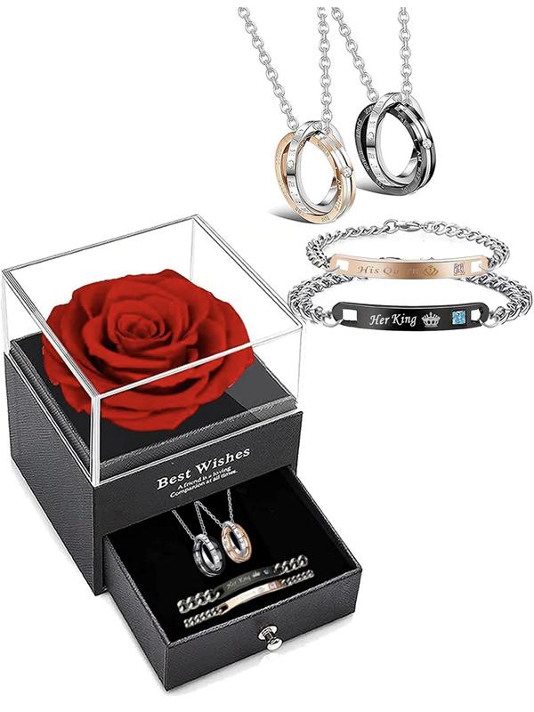 Couple Queen & King Themed Bracelet & Pendant Necklace, Stainless Steel Jewelry Set, Fashion Accessories for Men & Women Gifts with Rose Gift Box