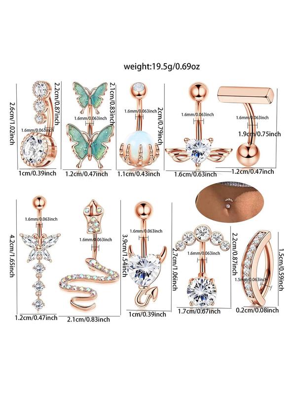 Women's Spring Luxury Rhinestone Butterfly & Snake Shape Belly Ring As Gift, 2024 New Style Body Piercing Body Jewelry Set, Classic Belly Button Rings Accessories for Daily Wear Back To School