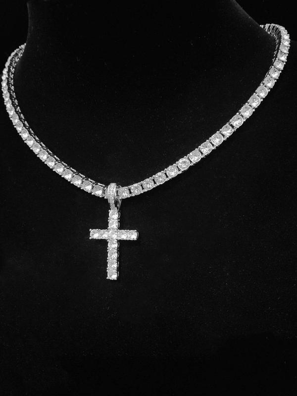 Y2k 2024 Hip Hop Luxury Rhinestone Cross Necklace, Unisex Cuban Link Chain Necklace, Spring Iced Out Jewelry, Streetwear Punk Accessories for Girlfriend Fall