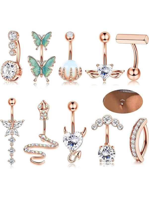 Women's Spring Luxury Rhinestone Butterfly & Snake Shape Belly Ring As Gift, 2024 New Style Body Piercing Body Jewelry Set, Classic Belly Button Rings Accessories for Daily Wear Back To School