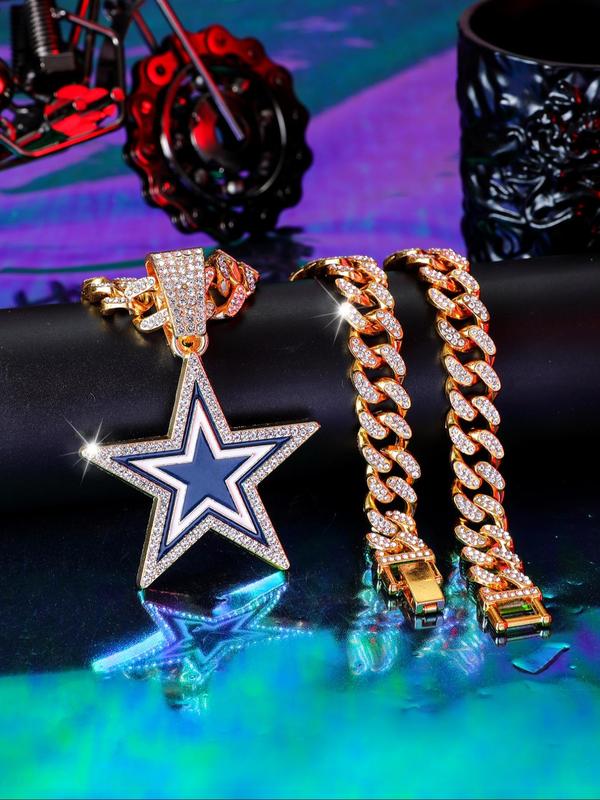 Ice Out Bling Rhinestone Hip Hop Star Charm Pendant Necklace, Durable Adjustable Cuban Chain Necklace, Perfect Gift for Eid, Fall Festival, Birthday, Anniversary, for Fall