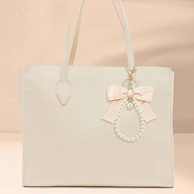 Initial Letter Cute Coquette Bow Keychain for Women, Wristlet Simulated Pearl Keychains Bag Charms for Handbags