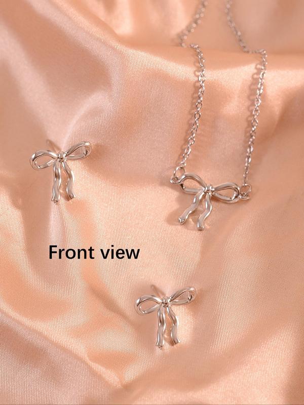 Women's Elegant Bowknot Design Jewelry Set, Exquisite Trendy Pendant Necklace & Earrings, Chic Jewelry Set for Party & Daily Clothing Decor