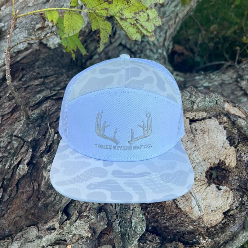 Classic Whitetail Rack-Old’s Cool Sneaux - Flatbill 7 panel Snapback - White with Silver Embroidery