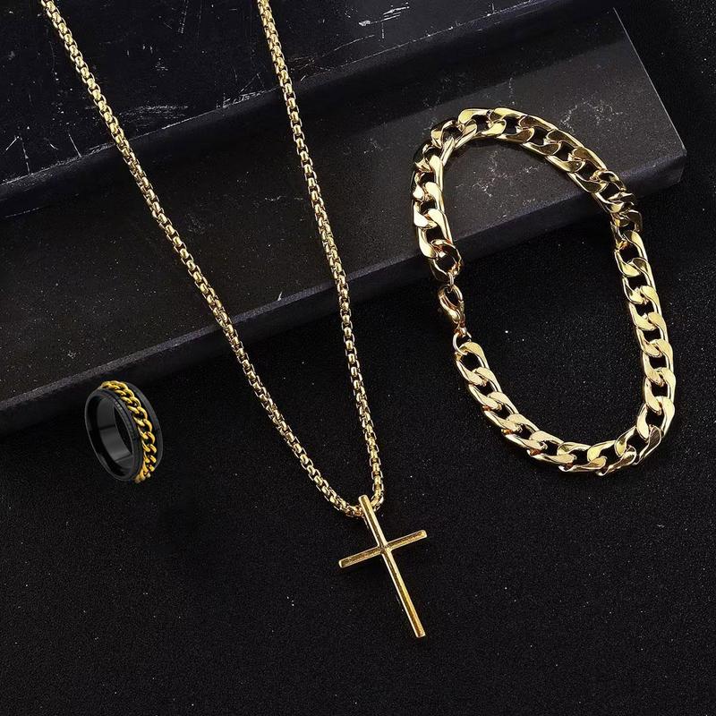 3sets men's fashion alloy cross pendant necklace + bracelet + ring set