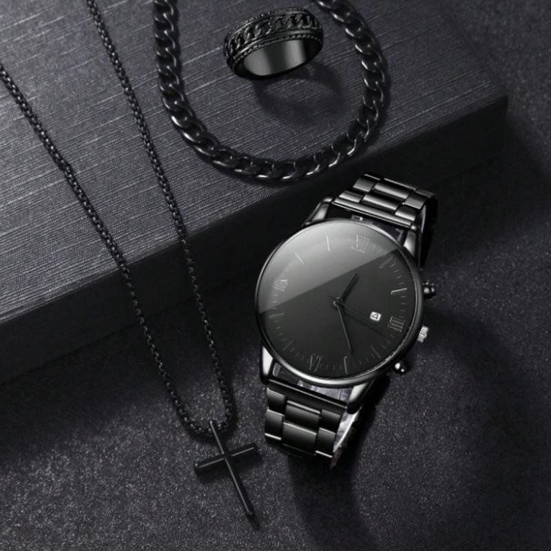 4pcs Men's Quartz Watch Set With Calendar Function - Non-Waterproof Black Zinc Alloy Case & Bracelet, Round Dial, Electronic Drive & Pointer Display, Including Cross Pendant Necklace & Ring