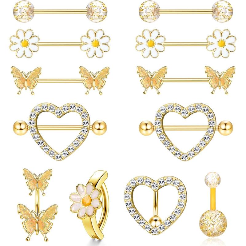 ORAZIO 14G Nipple Rings for Women Surgical Steel Belly Button Ring Butterfly Daisy Flower Nipple Barbells CZ Heart Curved Navel Rings 12 PCS Nipple Piercings Jewelry Set