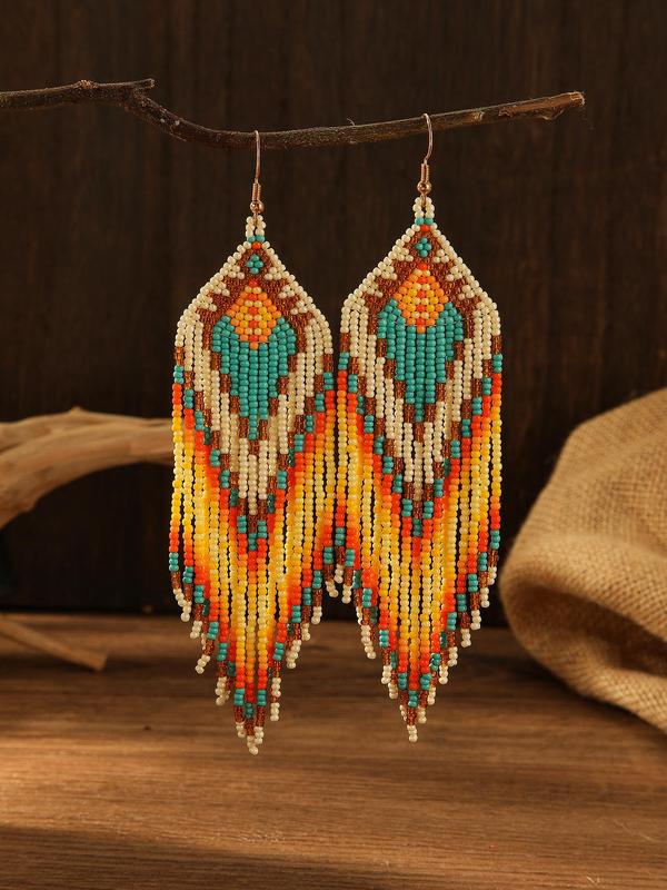 Women's Boho Style Beaded & Tassel Design Dangle Earrings, 1 Pair Fashion Retro Dangle Earrings for Party, Daily Decor, Trendy All-match Vintage Jewelry As Birthday Gift for Women & Girls