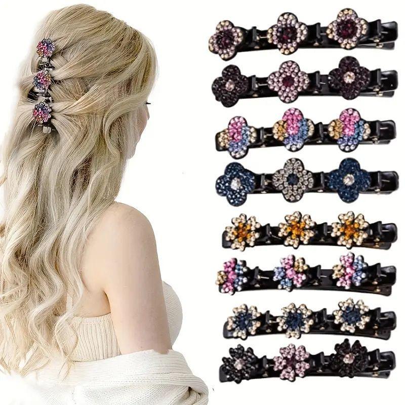 Rhinestone Decorated Hair Clips (8 Counts set), Fashionable Hair Accessories For Women & Girls, Heatless Styling Tools For Daily Use