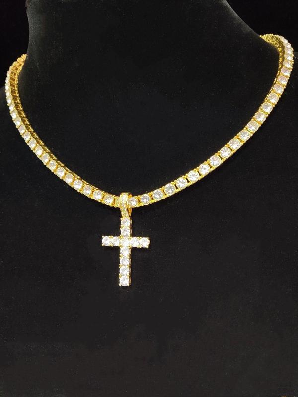 Y2k 2024 Hip Hop Luxury Rhinestone Cross Necklace, Unisex Cuban Link Chain Necklace, Spring Iced Out Jewelry, Streetwear Punk Accessories for Girlfriend Fall