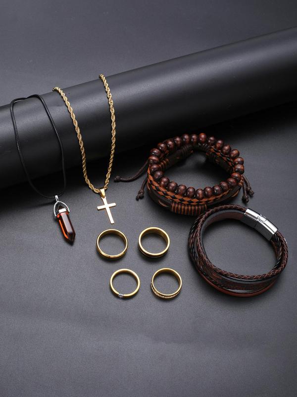 Men's Fashion Jewelry Set, Casual Beaded & Braided Bracelet & Cross Necklace & Ring, Daily Clothing Decor, Trendy All-match & Exquisite Jewelry Set for Gift