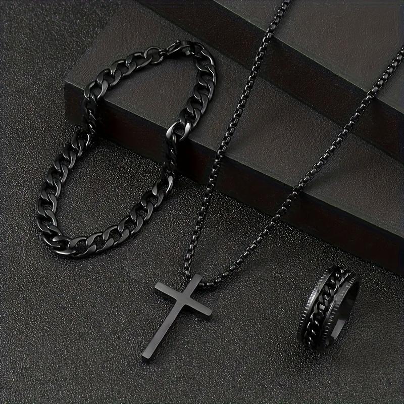 3sets men's fashion alloy cross pendant necklace + bracelet + ring set