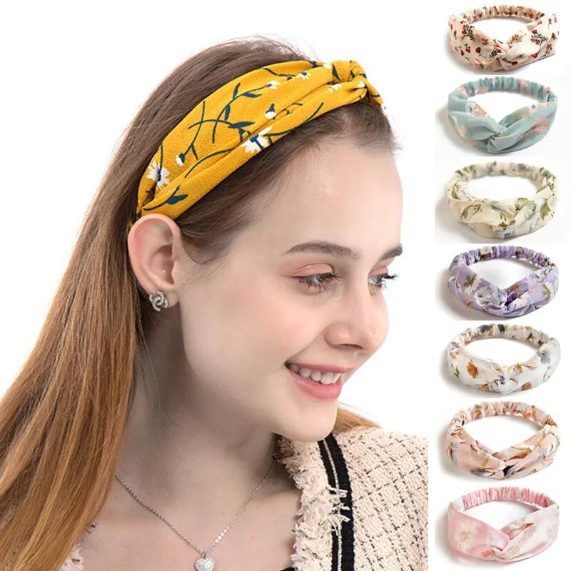 Flower Print Elastic Headband Hairband Cross Turban Bandanas Women Headbands with Twist Knot Boho Head Wrap Elastic