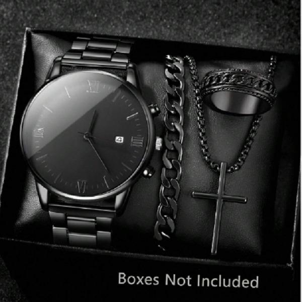 Fashionable 4pcs Men's Quartz Watch Set With Calendar Function - Non-Waterproof Black Zinc Alloy Case & Bracelet, Round Dial, Electronic Drive & Pointer Display, Including Cross Pendant Necklace & Ring Ideal Birthday Gift For Him