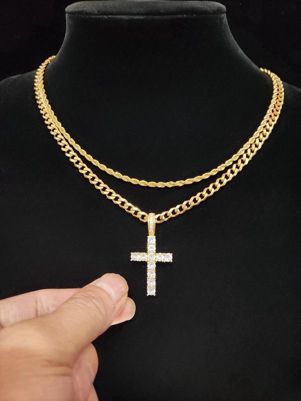 Summer Street Rhinestones Decor Cross Pendant Necklace & Chain Necklace, 2 Counts Trendy Women's Summer Accessories Fall 2024, Matching Chic Necklaces for Anniversary Gift