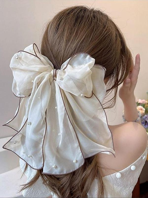 Elegant Style Ribbon & Faux Pearls Decor Hair Clip, Cute Bowknot Design Hair Clip, Fashion Hair Accessories for Women & Girls