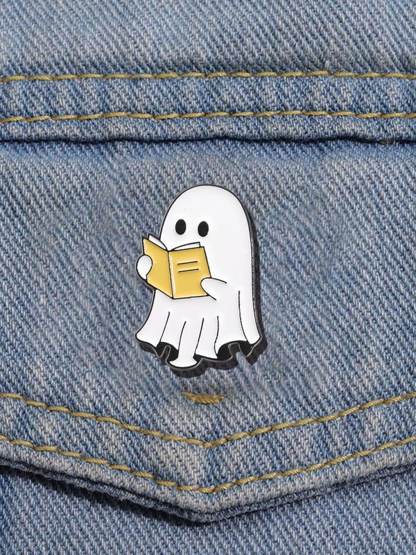 Cute Ghost Reading Book Design Brooch, Halloween Themed Alloy Badge for Daily Clothing Decor, Trendy All-match & Exquisite Brooch for Birthday Gift