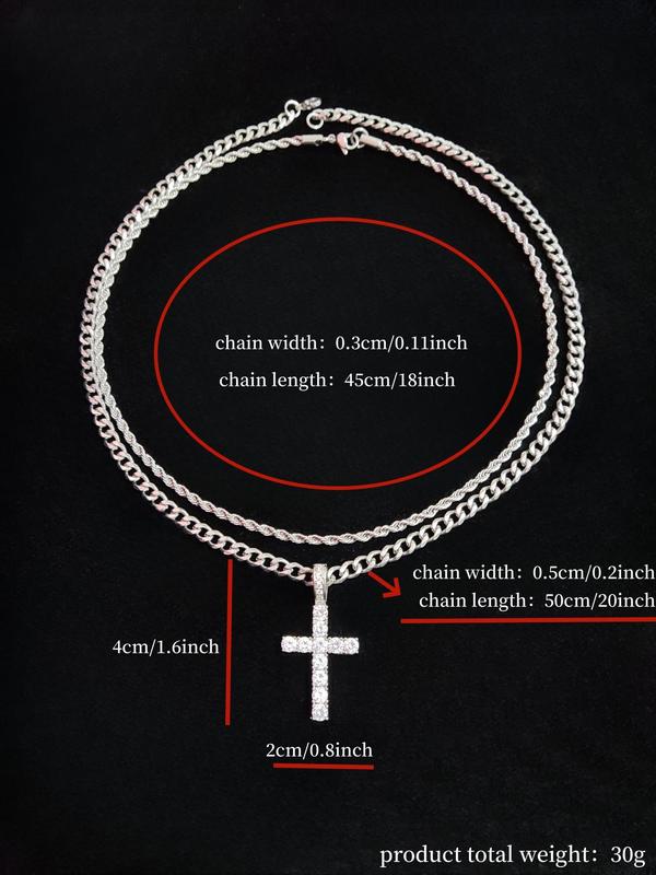 Summer Street Rhinestones Decor Cross Pendant Necklace & Chain Necklace, 2 Counts Trendy Women's Summer Accessories Fall 2024, Matching Chic Necklaces for Anniversary Gift