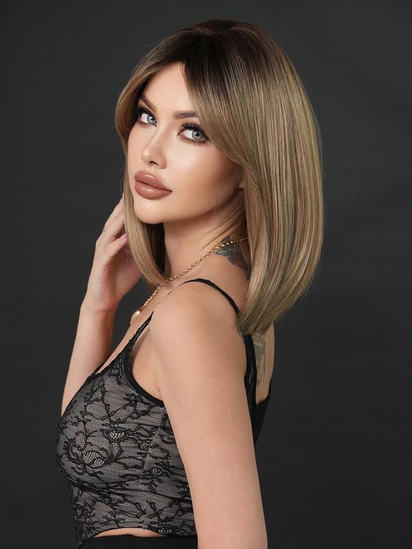 16 Inch Short Straight Wigs for Women, 2024 Gorgeous Fluffy Wigs with Bangs, Synthetic Full Machine Wigs for Party, Streetwear Daily Use