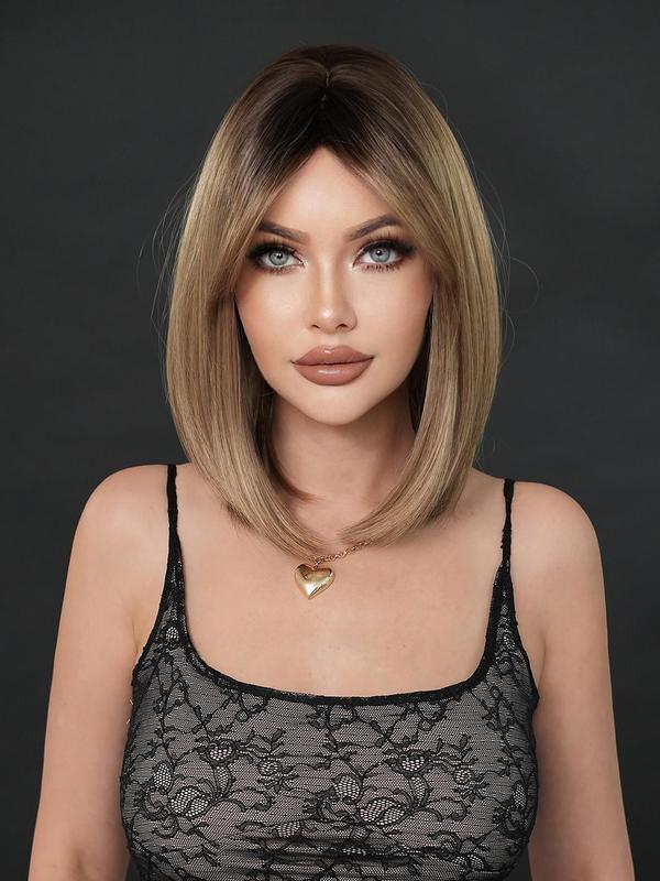 16 Inch Short Straight Wigs for Women, 2024 Gorgeous Fluffy Wigs with Bangs, Synthetic Full Machine Wigs for Party, Streetwear Daily Use