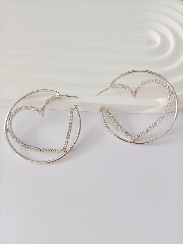 Rhinestone Decorated Heart Design Hoop Earrings, Elegant Fashion Zinc Alloy Jewelry for Women, Evening Party Accessories