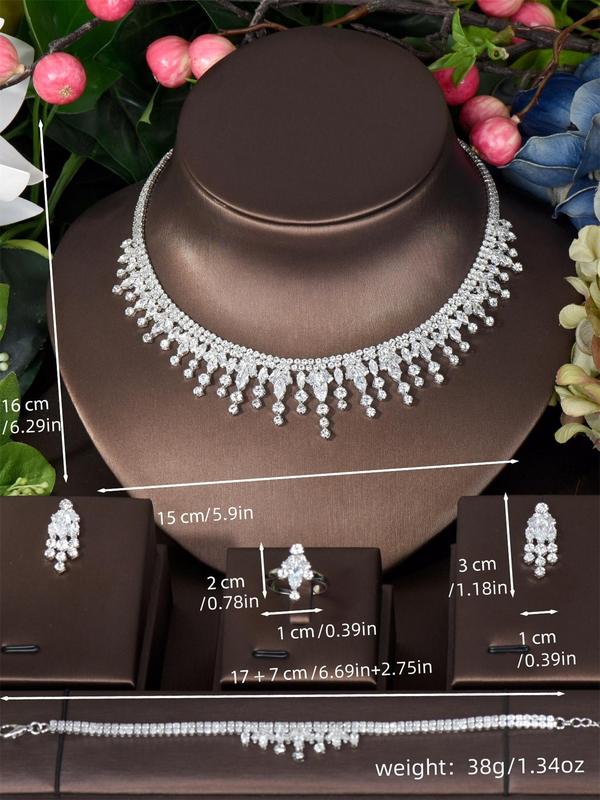 Women's Elegant Rhinestone Decorated Jewelry Set (5pcs set), Exquisite Trendy Necklace Dangle Earrings Ring, Fashionable Jewelry Set for Party Decoration