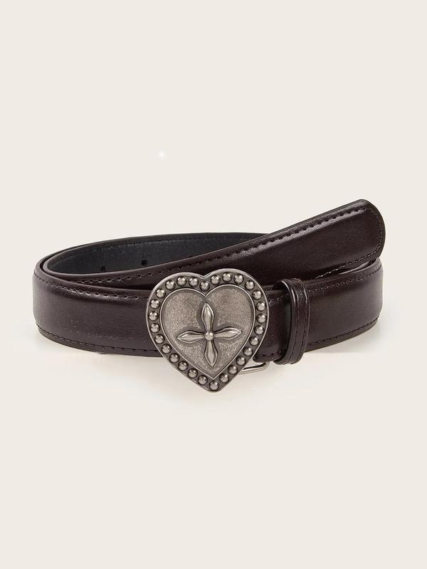 Women's Heart Decor PU Buckle Belt, Vintage Rivet Studded Embossed PU Leather Belt, Gothic Jeans Pants Waistband