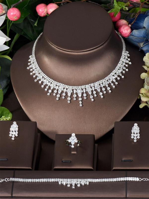 Women's Elegant Rhinestone Decorated Jewelry Set (5pcs set), Exquisite Trendy Necklace Dangle Earrings Ring, Fashionable Jewelry Set for Party Decoration