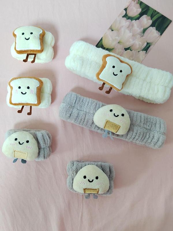 Cute Cartoon Toast & Rice Roll & Bear Design Hair Band & Wristband Set, Sweet Plush Hair Accessories Set for Women & Girls, Fashion Hair Accessories