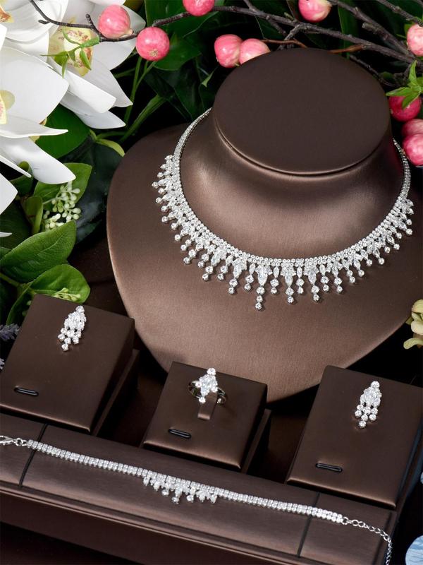 Women's Elegant Rhinestone Decorated Jewelry Set (5pcs set), Exquisite Trendy Necklace Dangle Earrings Ring, Fashionable Jewelry Set for Party Decoration