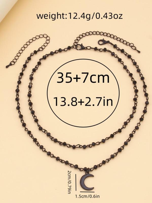 Unisex Punk Hip Hop Necklace Set, 2 Counts set Gothic Moon Decor Pendant Necklace & Beaded Necklace, Fashionable Jewelry for Party & Daily Decoration