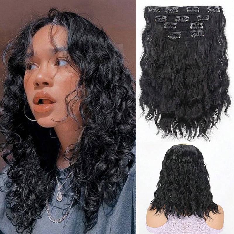 4pcs Short Water Wave Curly Clip-In Hair Extensions, Brown Ombre Synthetic Hair Pieces for Volume and Length, Ideal for Daily Wear