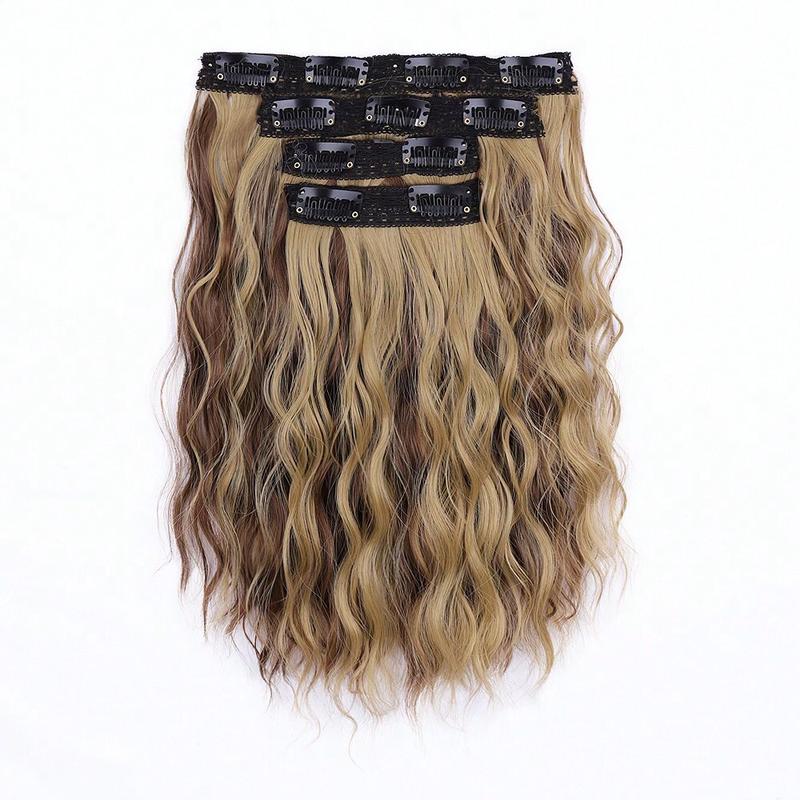 4pcs Short Water Wave Curly Clip-In Hair Extensions, Brown Ombre Synthetic Hair Pieces for Volume and Length, Ideal for Daily Wear