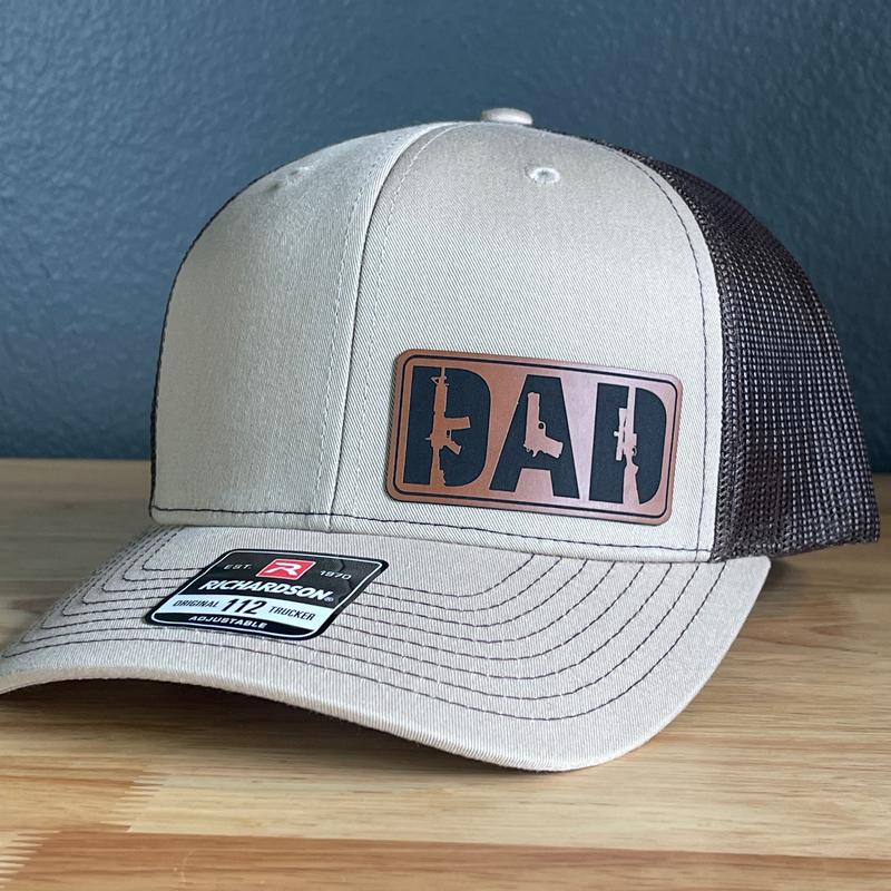 DAD 2A 2nd Amendment Patriotic Leather Patch Hat Khaki Brown