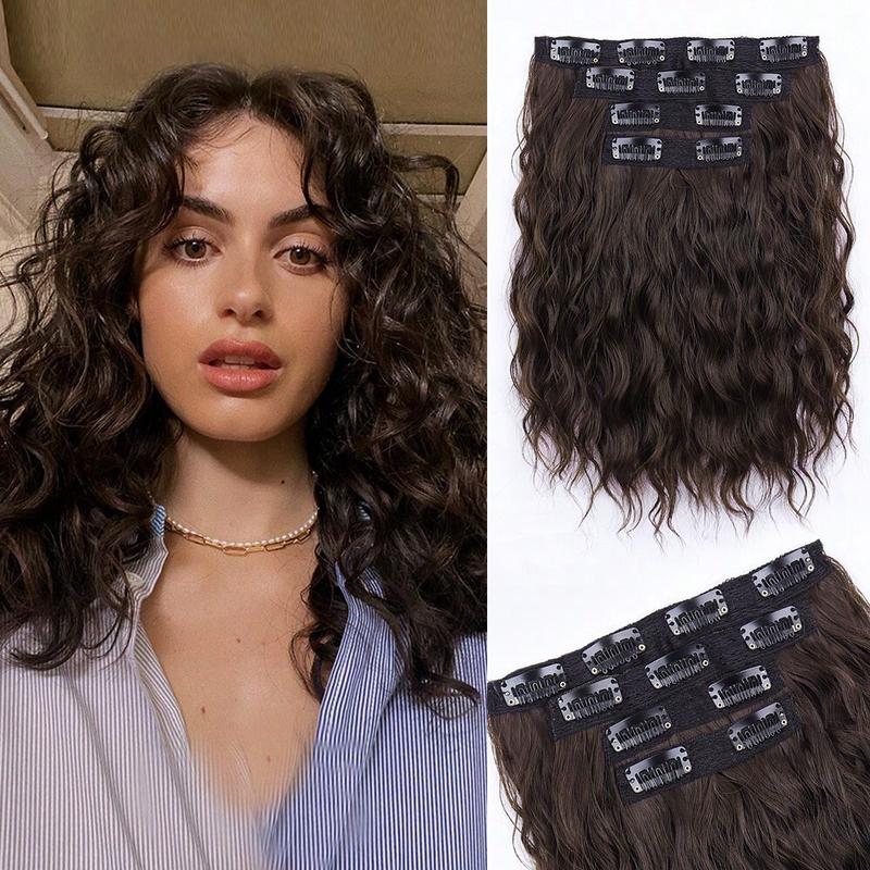 4pcs Short Water Wave Curly Clip-In Hair Extensions, Brown Ombre Synthetic Hair Pieces for Volume and Length, Ideal for Daily Wear