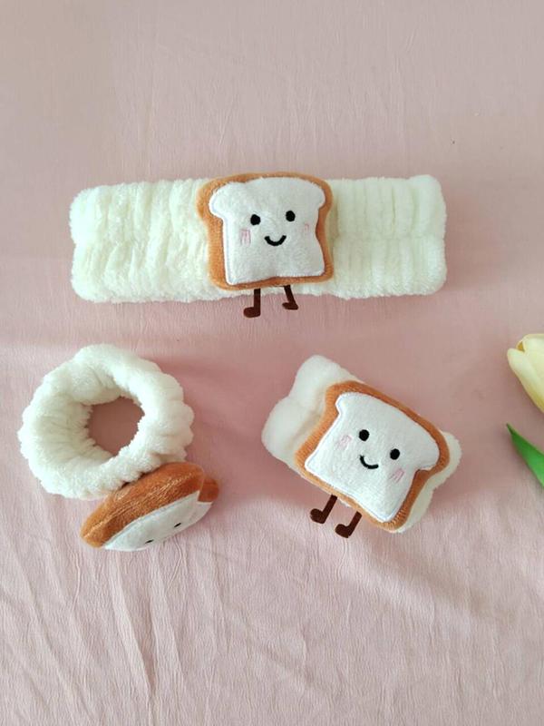 Cute Cartoon Toast & Rice Roll & Bear Design Hair Band & Wristband Set, Sweet Plush Hair Accessories Set for Women & Girls, Fashion Hair Accessories