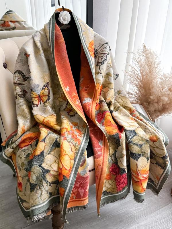 Women's Floral & Butterfly Print Shawl, Elegant Soft Warm Thickened Scarf for Fall & Winter, Fashion Accessories for Daily Wear