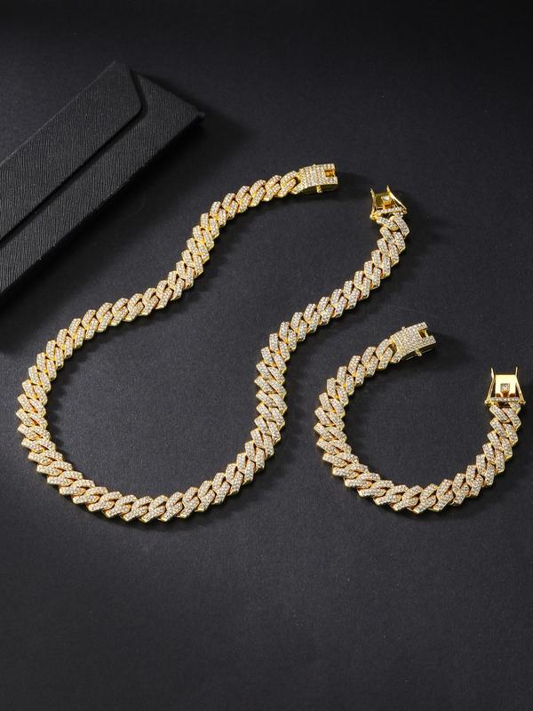 Punk Style Rhinestone Decor Cuban Chain Necklace & Link Bracelet, 2024 New Style Boys & Girls, Hip Hop Chunky Curb Chain Jewelry Set, Unisex Clothing Decor