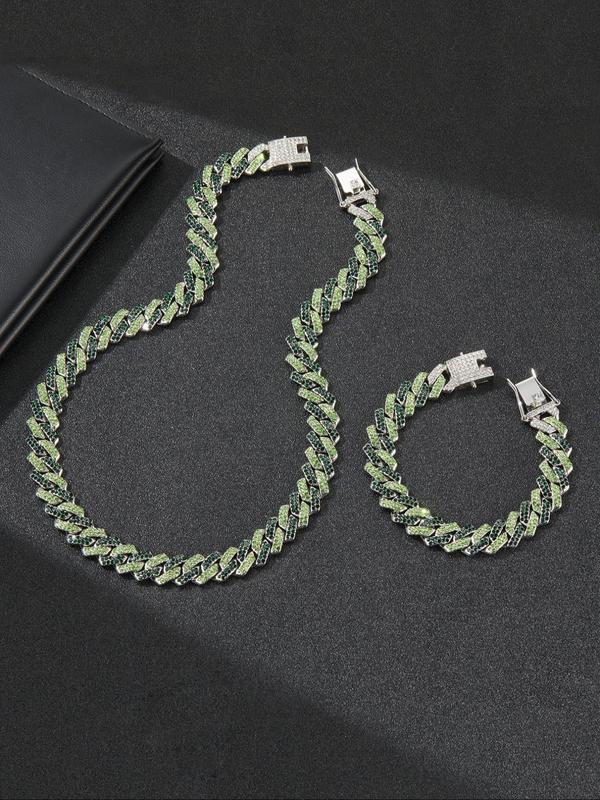 Punk Style Rhinestone Decor Cuban Chain Necklace & Link Bracelet, 2024 New Style Boys & Girls, Hip Hop Chunky Curb Chain Jewelry Set, Unisex Clothing Decor