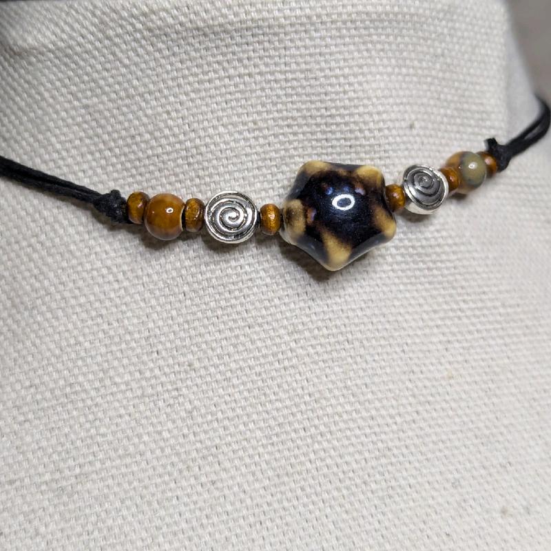 Ceramic Beaded Star Spiral Swirl Y2K Boho Hippie Whimsical Adjustable Black Rope Cord Choker Stacking Necklace jewelry