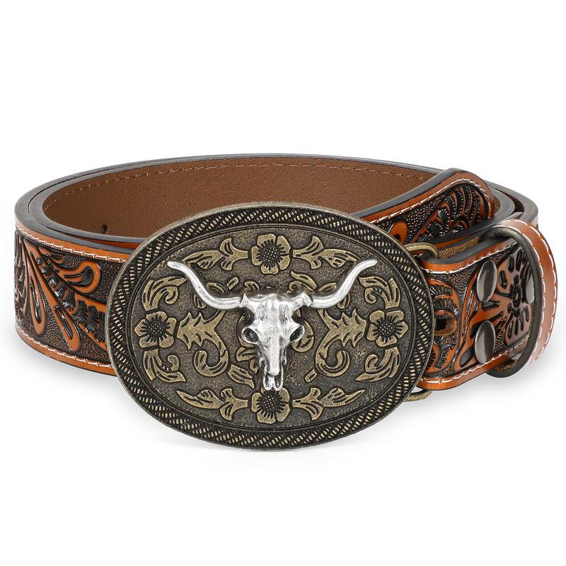 JASGOOD Western Cowboy Belt for Men Bull Buckle Belt Womens Western Floral Engraved Leather Belts for Jeans men dress