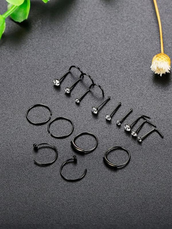 15pcs set Rhinestone Decor Nose Ring, Punk Style Stainless Steel Body Piercing Jewelry for Parties, Daily Decor, Body Jewelry for Women & Men, Clean Girl Jewelry