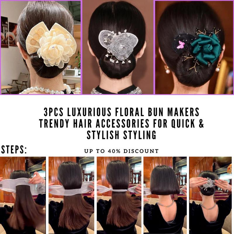 Women's Fashion Cute Hair Accessories Set for Gift, 2024 New Stylish Seamless High Stretch 3pcs Deft Bun Hair Twister Ponytail Holders, Variety Floral Hair  Disks Scrunchies for Ponytail & Hair Bun Hairstyles, 3pcs set Hair Styling Tools, Chic Hair Tie