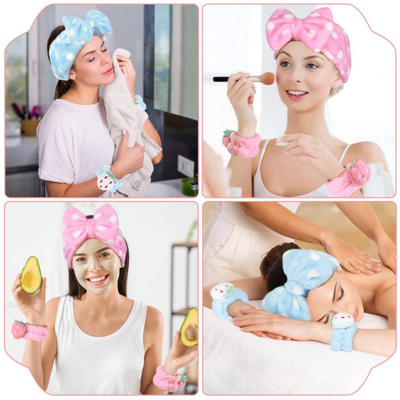 6 count Face Wash Headband and Wristband Set, Soft Spa Headband Cute Absorbent Wrist Towels for Washing Face Skincare Makeup Stocking Stuffers(Pink,  Blue)