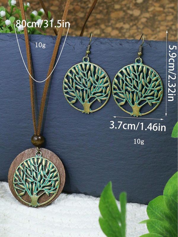 Women's Boho Vintage Round Shaped Hollow Out Tree Design Pendant Necklace & Dangle Earrings, Casual Trendy Jewelry Set, Fashionable Jewelry Set for Women