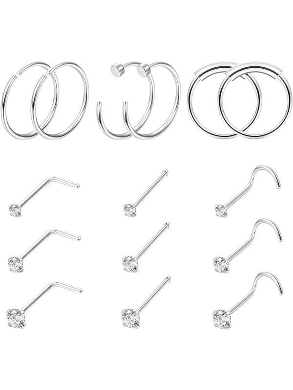 15pcs set Rhinestone Decor Nose Ring, Punk Style Stainless Steel Body Piercing Jewelry for Parties, Daily Decor, Body Jewelry for Women & Men, Clean Girl Jewelry